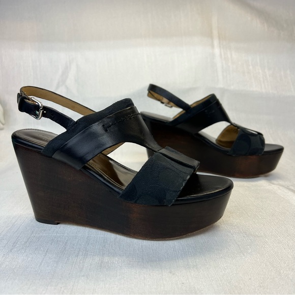 Coach 6 B Black Leather Signature Jacquard Platform Wedge Heels Sandal Campbell - Picture 7 of 10